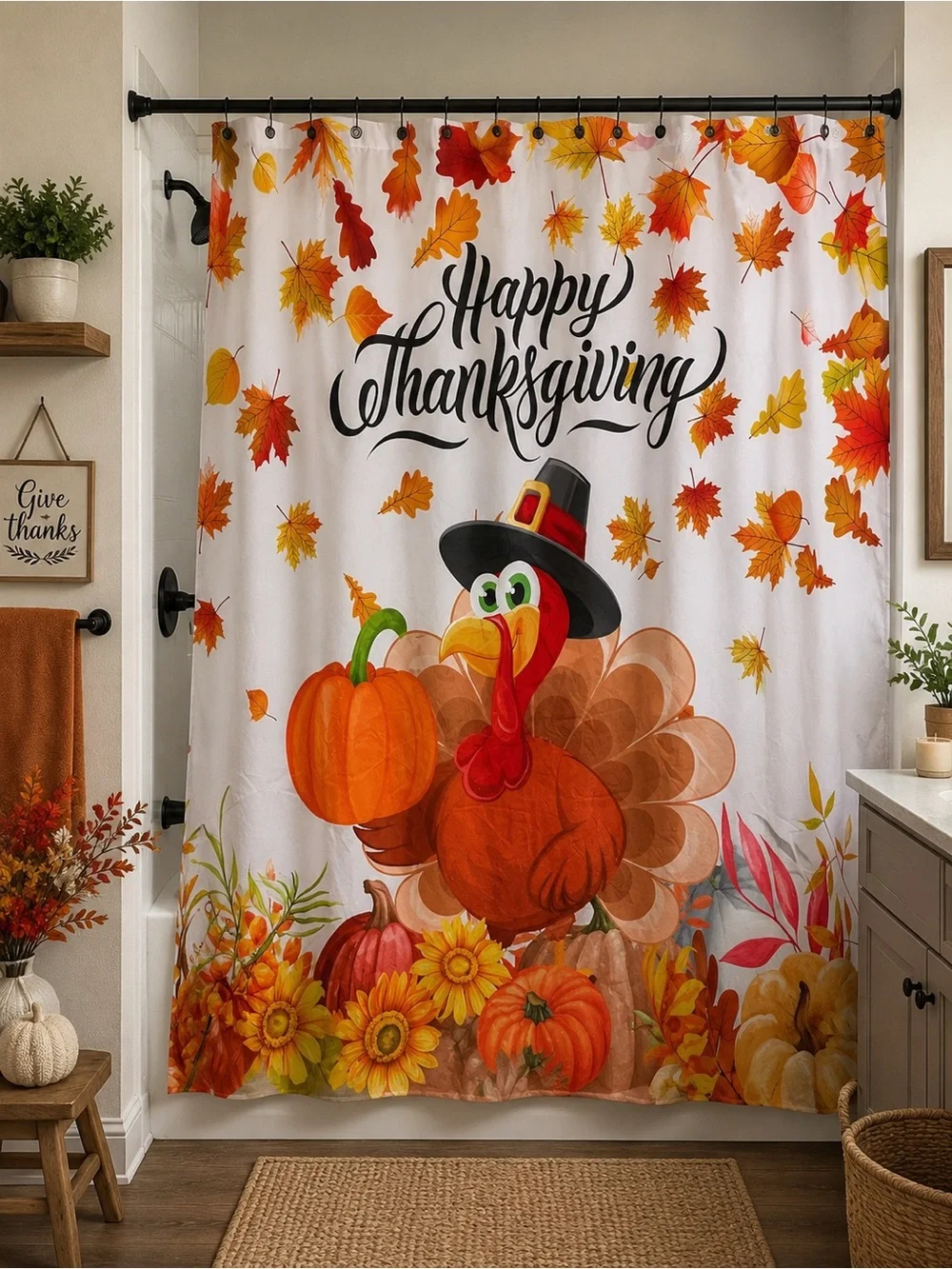 Happy Thanksgiving Turkey Shower Curtain 70” x 70” | Fall Bathroom Decor